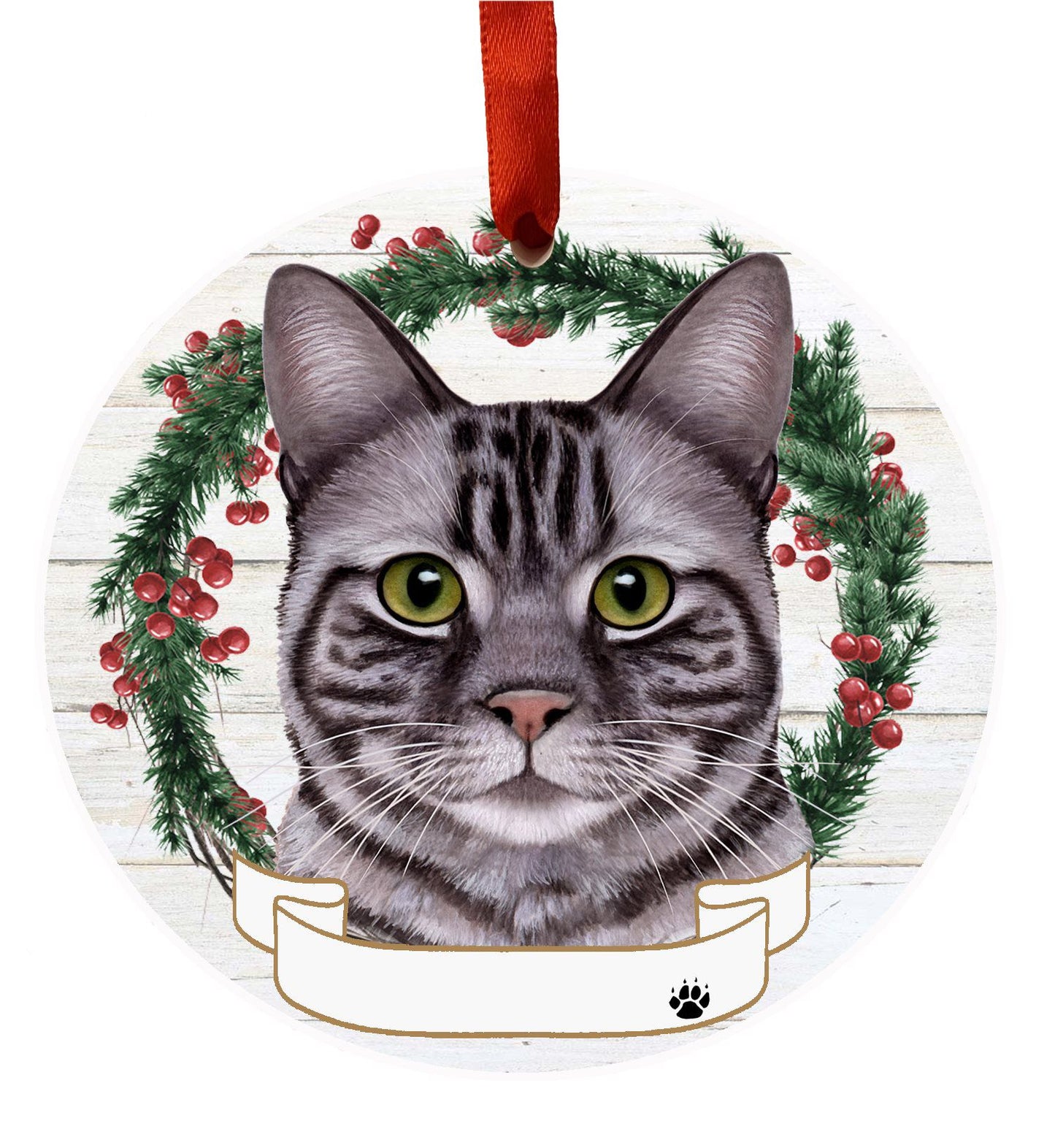 Silver Tabby Cat Ceramic Christmas Ornament
